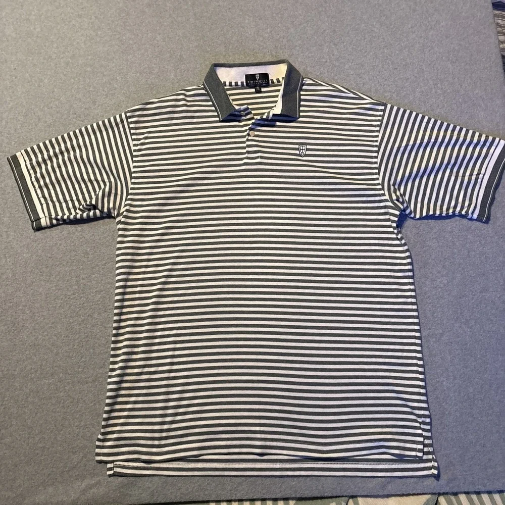 TWINHILL Golf Company Men's XL Gray White Striped Polo‎ Very Good Cond.